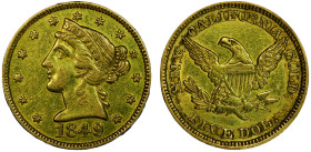 5 Dollars, San Francisco, 1849, Moffat & Co., AU 8.35 g.
Ref : Fr. 138, KM#69
Conservation : PCGS AU 53. Rare