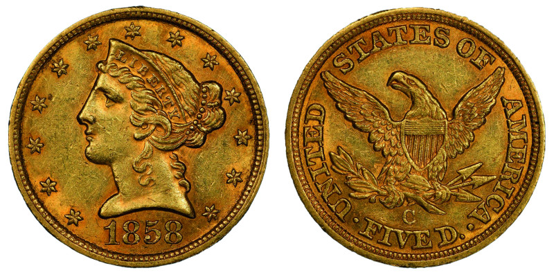 5 Dollars, Charlotte, 1858 C, AU 8.35 g.
Ref : Fr. 139, KM#69
Conservation : PCG...