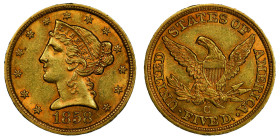 5 Dollars, Charlotte, 1858 C, AU 8.35 g.
Ref : Fr. 139, KM#69
Conservation : PCGS AU 58
Quantité : 15.362 ex. Rare