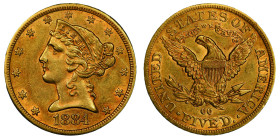 5 Dollars, Carson City, 1884 CC, AU 8.35 g.
Ref : Fr. 146, KM#101
Conservation : PCGS AU 53+
Quantité : 16.402 ex. Rare