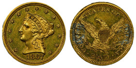 2.5 Dollars, Philadelphia, 1867, AU4.18 g.
Ref : Fr. 114, KM#72
Conservation : PCGS AU DETAIL (tooled)
Quantité : 3.250 ex. Très Rare