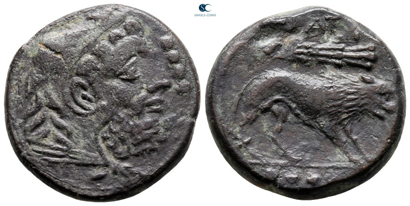 Apulia. Teate circa 225-200 BC. 
Quadrunx Æ

25 mm, 12,44 g

Head of Herakl...