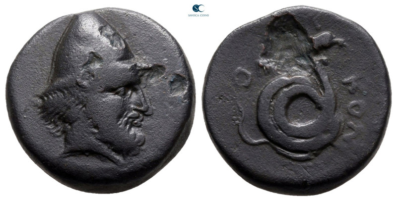 Thessaly. Homolion circa 350 BC. 
Bronze Æ

18 mm, 5,74 g

Head of Philokte...