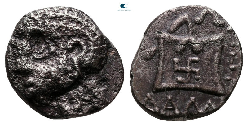 Illyria. Damastion circa 395-380 BC. 
Drachm AR

12 mm, 1,55 g

Female head...