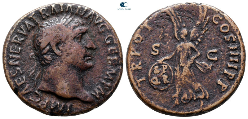 Trajan AD 98-117. Rome
As Æ

27 mm, 10,12 g

IMP CAES NERVA TRAIAN AVG GERM...