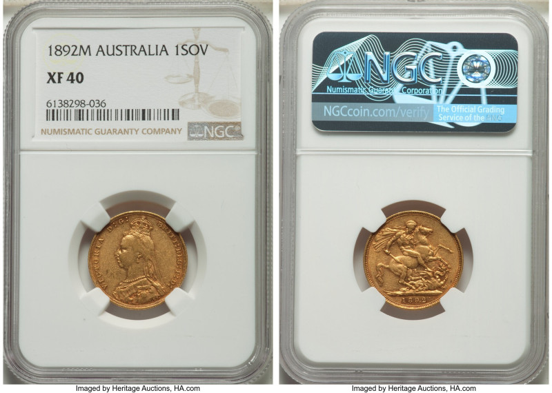 Victoria gold Sovereign 1892-M XF40 NGC, Melbourne mint, KM10. Attractive for th...