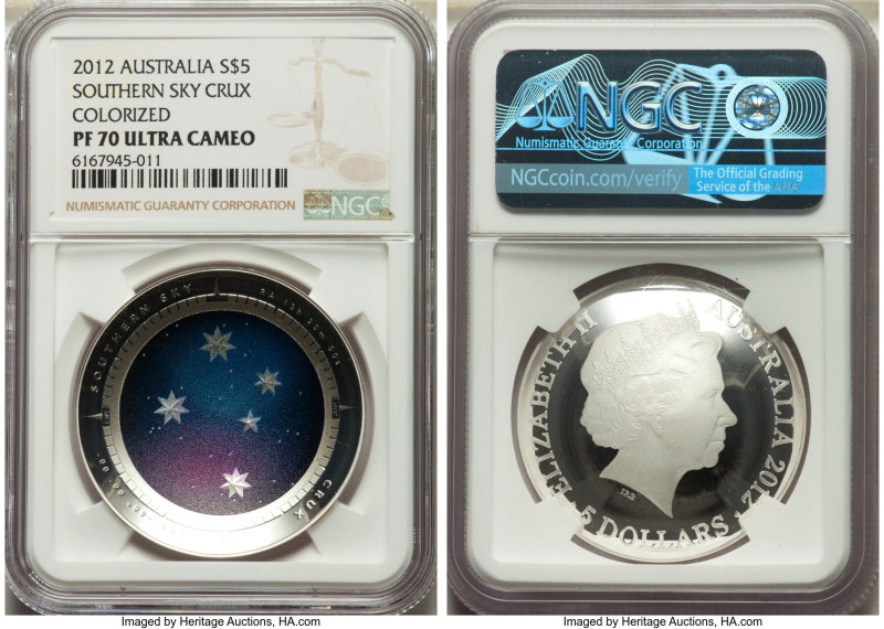 Elizabeth II Pair of silver Proof Colorized "Southern Sky - Crux" 5 Dollars 2012...