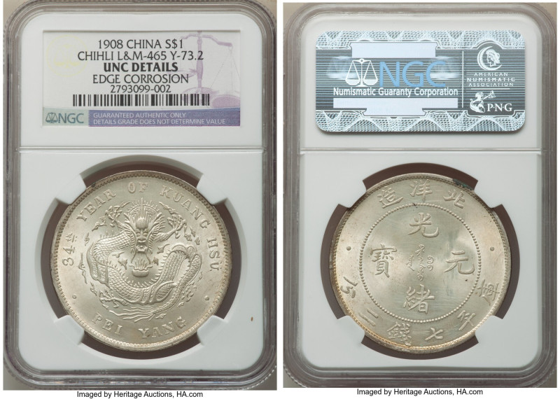 Chihli. Kuang-hsü Dollar Year 34 (1908) UNC Details (Edge Corrosion) NGC, Pei Ya...