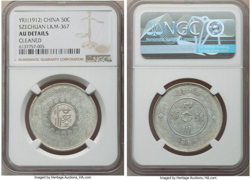 Szechuan. Republic 50 Cents Year 1 (1912) AU Details (Cleaned) NGC, KM-Y455, L&M...