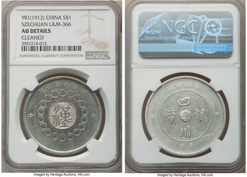 Szechuan. Republic Dollar Year 1 (1912) AU Details (Cleaned) NGC, KM-Y456, L&M-3...