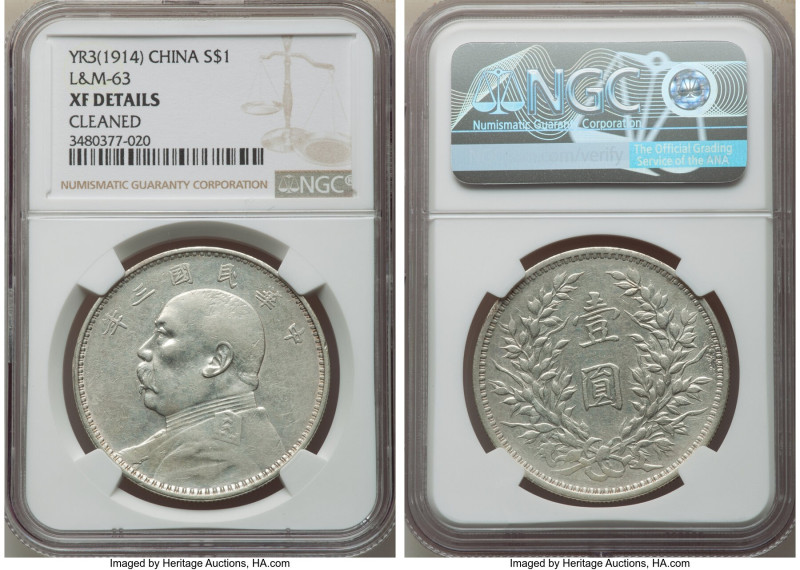 Republic Yuan Shih-kai Dollar Year 3 (1914) XF Details (Cleaned) NGC, KM-Y329, L...