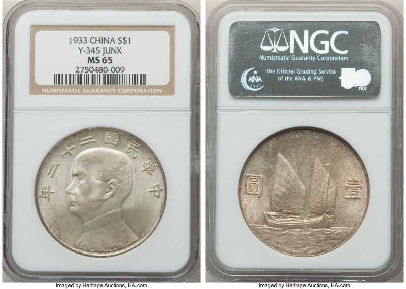 Republic Sun Yat-sen "Junk" Dollar Year 22 (1933) MS65 NGC, KM-Y345, L&M-109. Hi...