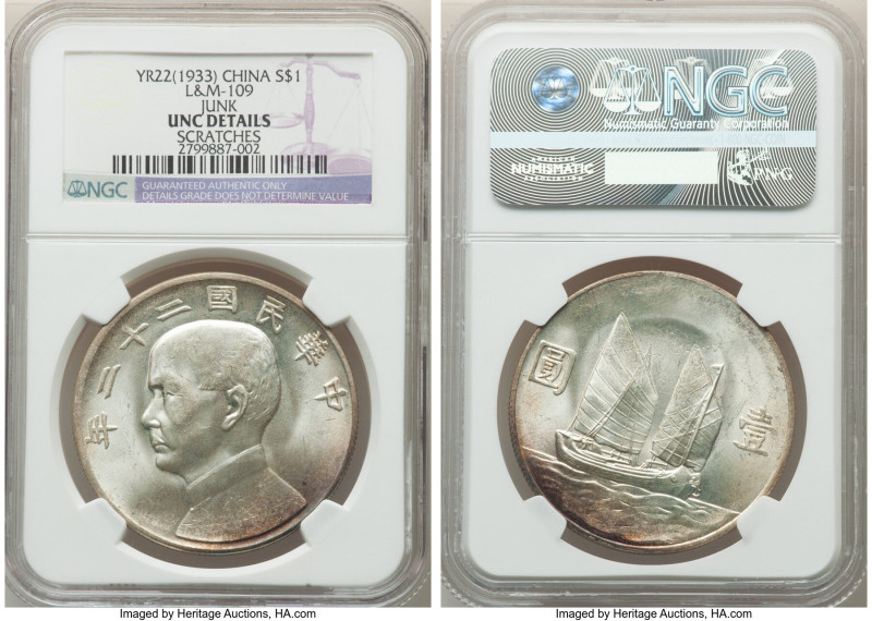 Republic Sun Yat-sen "Junk" Dollar Year 22 (1933) UNC Details (Scratches) NGC, K...