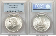 Republic Sun Yat-sen "Junk" Dollar Year 23 (1934) MS63 PCGS, KM-Y345, L&M-110. A beautiful piece dressed in luxurious argent surfaces that are dappled...