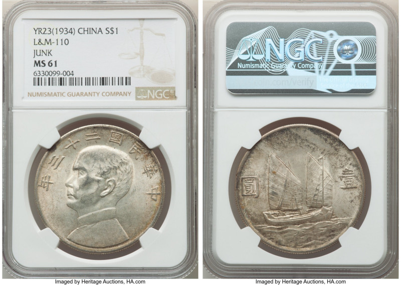 Republic Sun Yat-sen "Junk" Dollar Year 23 (1934) MS61 NGC, KM-Y345, L&M-110. An...