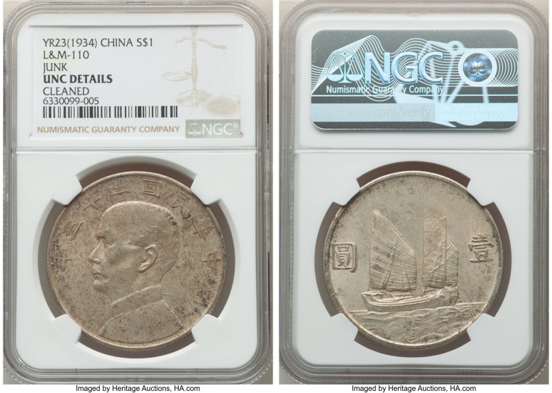 Republic Sun Yat-sen "Junk" Dollar Year 23 (1934) UNC Details (Cleaned) NGC, KM-...