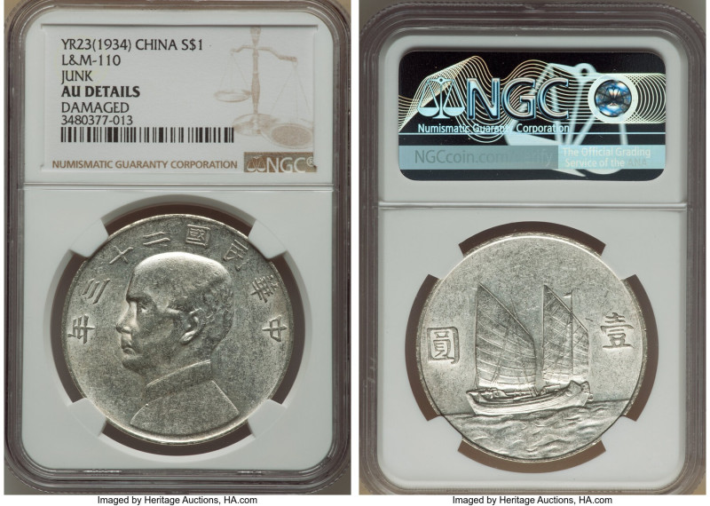 Republic Sun Yat-sen "Junk" Dollar Year 23 (1934) AU Details (Damaged) NGC, KM-Y...