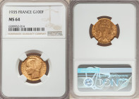 Republic gold "Bazor" 100 Francs 1935 MS64 NGC, Paris mint, KM880. One of the most popular French gold types of the 20th century, handsomely designed ...