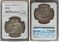 French Colony Piastre 1913-A MS62 NGC, Paris mint, KM5a.1. Although there are light contact marks, this lightly toned coin carries a lovely battleship...