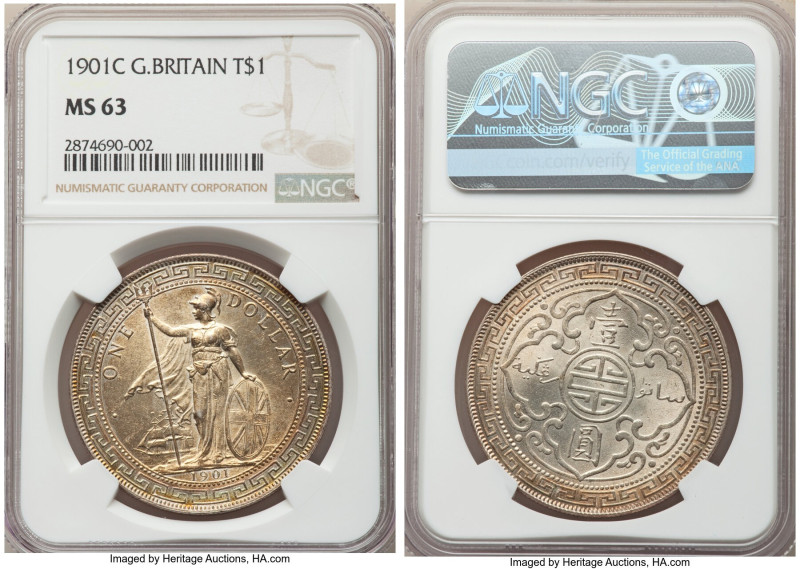 Victoria Trade Dollar 1901-(C) MS63 NGC, Calcutta mint, KM-T5, Prid-12. A radiat...