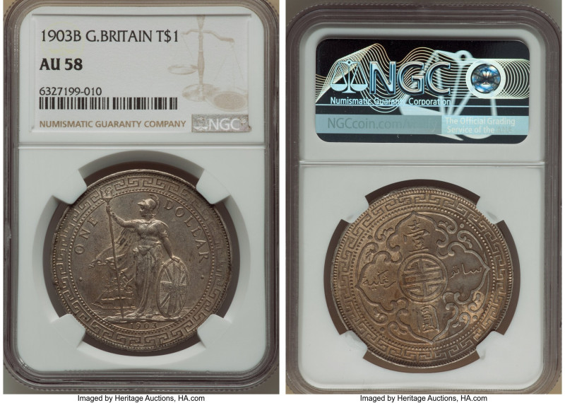 Edward VII Trade Dollar 1903-B AU58 NGC, Bombay mint, KM-T5. A lustrous Trade Do...