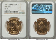Elizabeth II gold "Britannia" 100 Pounds (1 oz) 1987 MS70 NGC, KM953, S-BGF1. Certified at the apex of technical perfection, dressed in mellow gold su...