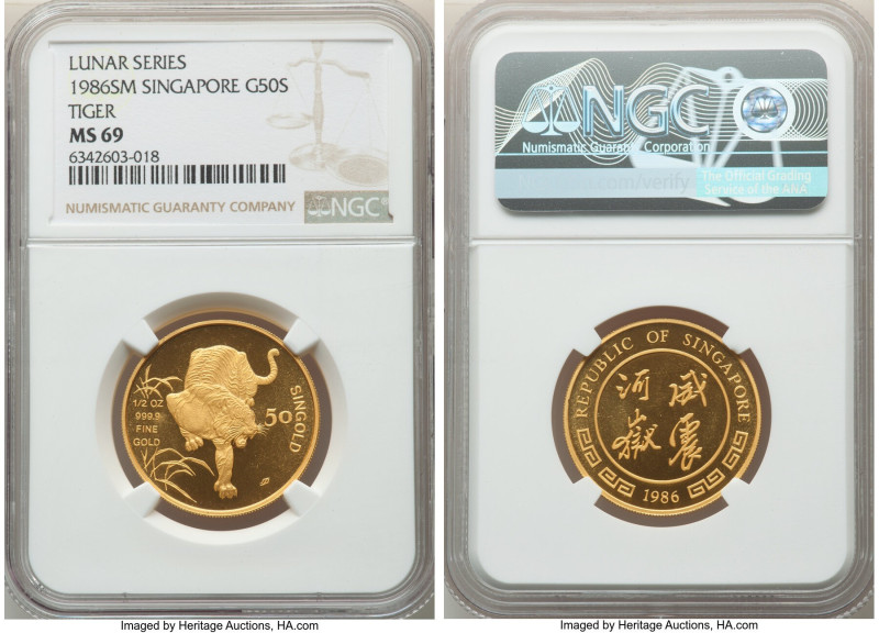 Republic gold "Year of the Tiger" 50 Singold 1986-SM MS69 NGC, Singapore mint, K...