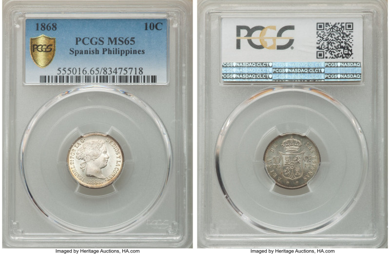 Spanish Colony. Isabel II 10 Centavos 1868 MS65 PCGS, Manila mint, KM145. Last d...