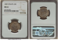 British Colony. Victoria 20 Cents 1889 MS61 NGC, London mint, KM12. Mottled dusky tone hinted with blush is backlit by original luster on this handsom...