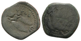 Spain, Gadir (Gades), 2nd century BC. Æ Unit (27.5mm, 9.48g, 3h). Head of Herakles l., wearing lion’s skin headdress. R/ Two tunny fish l., between, c...