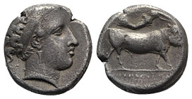 Southern Campania, Neapolis, c. 320-300 BC. AR Didrachm (19mm, 7.18g, 3h). Head of female r., hair in band. R/ Man-headed bull standing r., head facin...