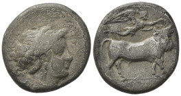 Southern Campania, Neapolis, c. 320-300 BC. AR Didrachm (20,5mm, 7,12g). Head of nymph r. R/ Man-headed bull standing r., crowned by Nike; Sambon 472;...