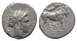 Southern Campania, Neapolis, c. 320-300 BC. AR Didrachm (18mm, 7.01g, 11h). Head of nymph r.; behind, Artemis running r. R/ Man-headed bull walking r....