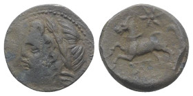 Northern Apulia, Arpi, c. 325-275 BC. Æ (15mm, 3.18g, 10h). Laureate head of Zeus l. R/ Horse rearing l.; star above, monogram below. HNItaly 644. VF
