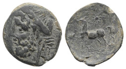 Northern Apulia, Arpi, c. 325-275 BC. Æ (15mm, 3.27g, 10h). Laureate head of Zeus l. R/ Horse rearing l.; star above, monogram below. HNItaly 644. Gre...