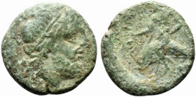 Southern Apulia, Brundisium, c. 2nd century BC. Æ Semis (21.5mm, 7.18g, 9h). Wreathed head of Neptune r. R/ Phalanthos, holding Victory who crowns him...
