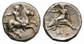 Southern Apulia, Tarentum. Circa 385-380 BC. AR Nomos (19.5mm, 7.57 g, 6h). Nude youth, holding whip, on horse galloping right / Phalanthos, [holding ...