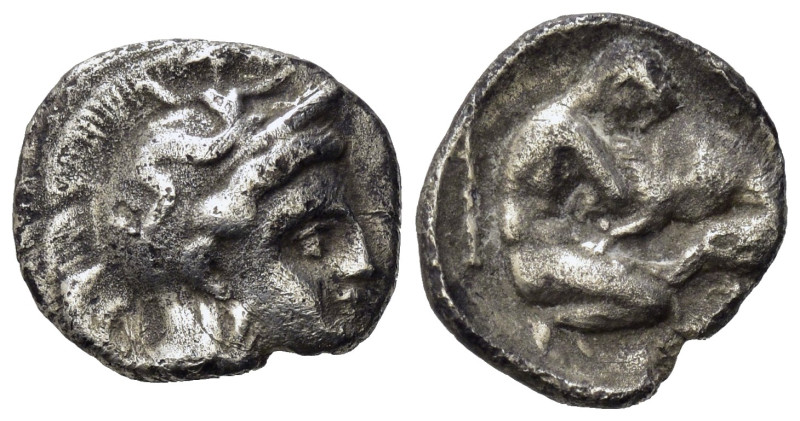 Southern Apulia, Tarentum, c. 380-325 BC. AR Diobol (11,5mm, 1,08g). Helmeted he...