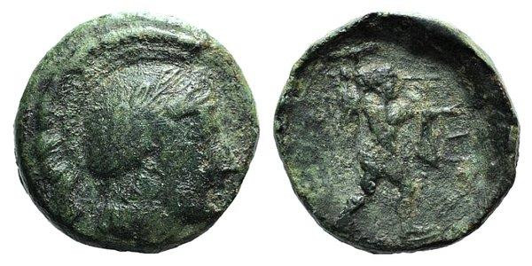 Northern Lucania, Poseidonia, c. 420-390 BC. Æ (15mm, 3.11g, 12h). Helmeted head...