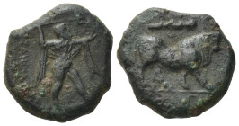 Northern Lucania, Poseidonia, c. 350-290 BC; Æ (13,5mm, 2,24g) Poseidon advancing r., wearing chlamys and holding trident, R/ Bull advancing r.; above...