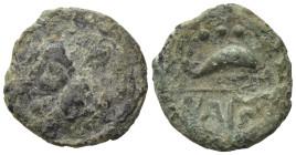 Northern Lucania, Paestum, Æ Quadrans (16mm, 2,58g). Diademed male head r. R/ Dolphin r. Crawford, Paestum 6/2; HNItaly 1197. Crawford, Paestum 6/2; H...