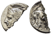 Northern Lucania, Velia. Circa 280 BC. Plated Cut Nomos (22mm, 3,57g). Helmeted head of Athena left, helmet decorated with griffin. R/ Lion standing r...