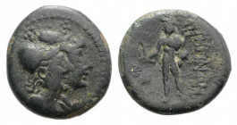 Bruttium, Rhegion. Second Punic War. Circa 211-201 BC. Æ Trias (15mm, 3.47 g, 8h). Jugate busts of Asklepios and Hygeia right / Hermes standing left, ...
