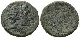 Sicily, Aitna, c. 210-150 BC. Æ Tetras (20mm, 4,09g). Radiate head of Helios r. R/ Warrior standing facing, head r., holding spear and shield; three p...