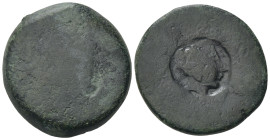 Sicily, Akragas, c. 420-406 BC. Æ Tetras (22,5mm, 9g). [Eagle tearing at hare]; c/m: head of Herakles r. R/ [Crab]. For undertype: cf. CNS I, 207; HGC...