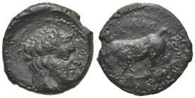 Sicily, Gela, c. 420-405 BC. Æ Tetras (17mm, 3.04g, 1h). Bull standing l.; three pellets in exergue. R/ Head of horned river god r., wearing tainia. C...
