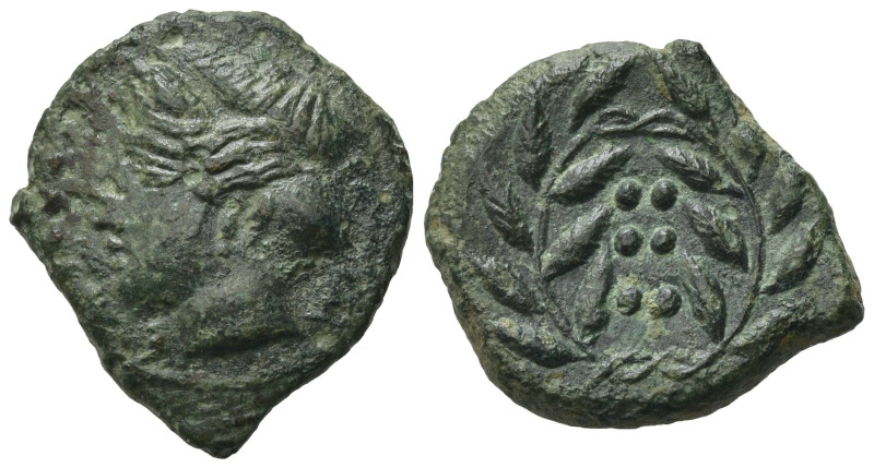 Sicily, Himera. Circa 430-409 BC. Æ Hemilitron (17,5mm, 2,96g). Head of nymph le...