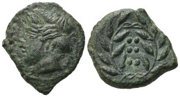 Sicily, Himera. Circa 430-409 BC. Æ Hemilitron (17,5mm, 2,96g). Head of nymph left, hair bound in ampyx and sphendone; six pellets before R/ Six pelle...