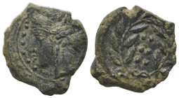 Sicily, Himera, c. 420-407 BC. Æ Hemilitron (17.5mm, 4.06g, 11h). Head of nymph l.; six pellets before. R/ Six pellets within wreath. CNS I, 35; SNG A...
