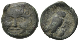 Sicily, Kamarina, c. 420-405 BC. Æ Tetras (16mm, 3,80g). Gorgoneion. R/ Owl standing r., head facing, grasping lizard. HGC 2, 546. Good Fine